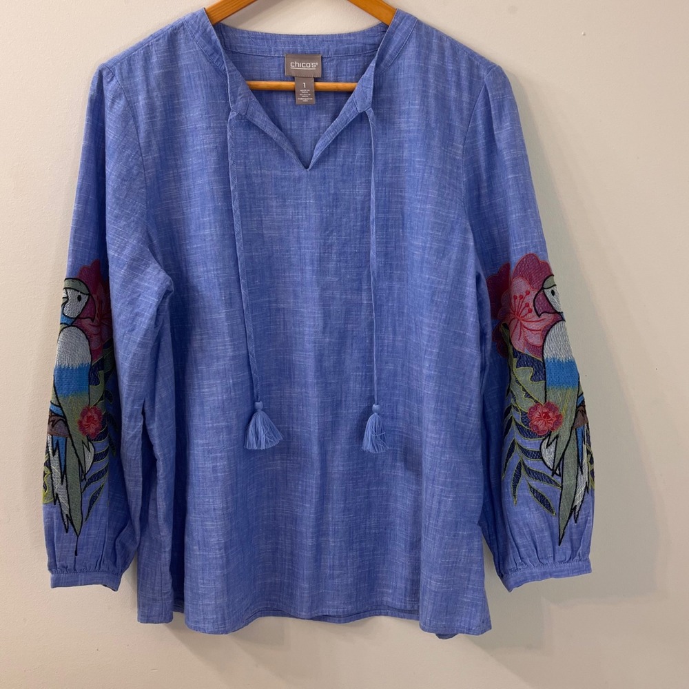 Chicos Blue Cotton Slub Tunic Top Embroidered Parrot Tropical Sleeve Size 1 M